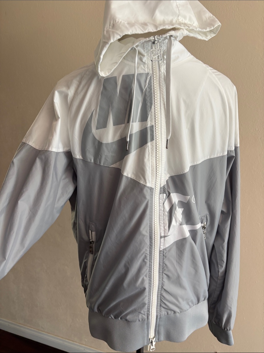 Nike White and Gray Colorblock Hooded Bomber Jacket Nike Sportswear Windrunner
